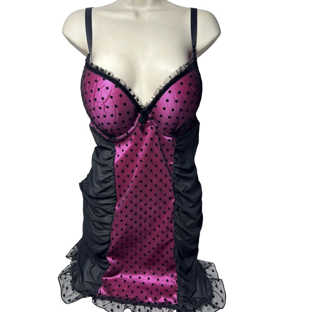 Passion Babydoll Gown Womens‎ 1X Pink Black Polka Dot Satin Ruffle Lingerie Mesh